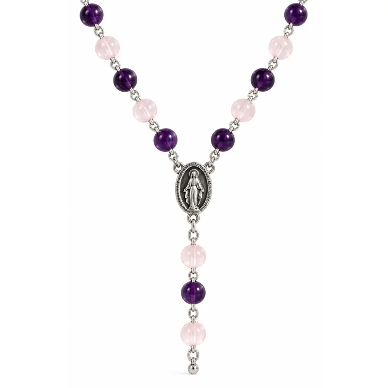 Chapelet en verre violet en chaine argentée | Comptoir Religieux