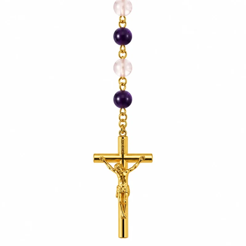 Chapelet en verre violet en chaine argentée | Comptoir Religieux