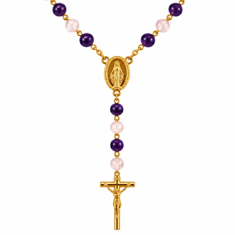 Chapelet en verre violet en chaine argentée | Comptoir Religieux