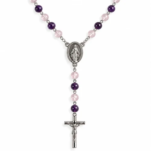 Chapelet en verre violet en chaine argentée | Comptoir Religieux