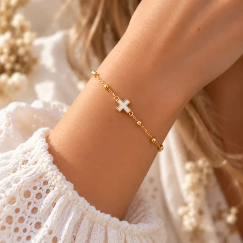 Petit Bracelet avec perles multicolores et petite croix - doré | Comptoir Religieux