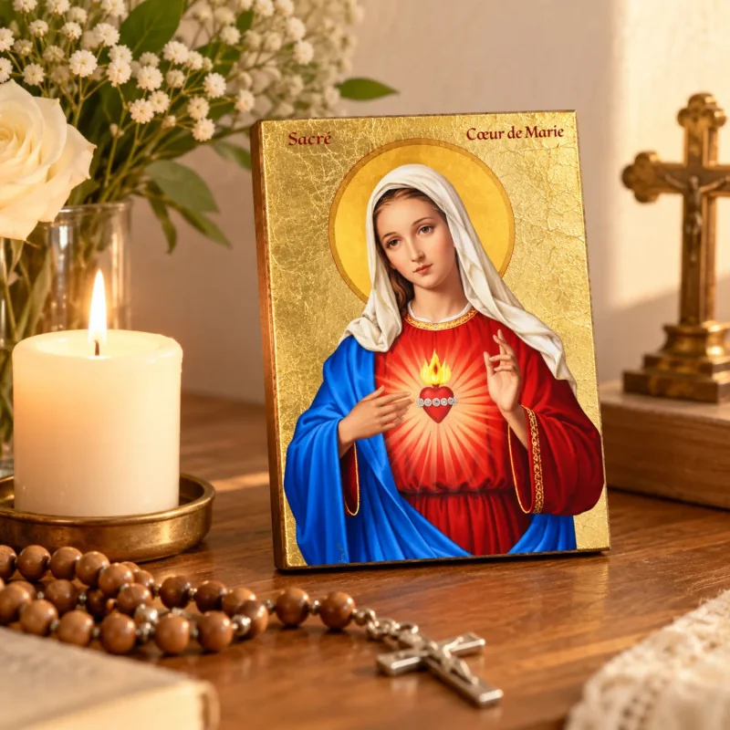 ICONE RELIGIEUSE EN FEUILLE D'OR - 10x15 - Sacré Cœur de Marie
