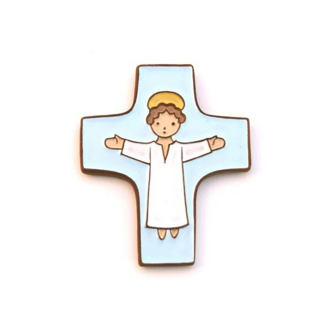 Croix céramique "Christ bras ouverts" bleu clair