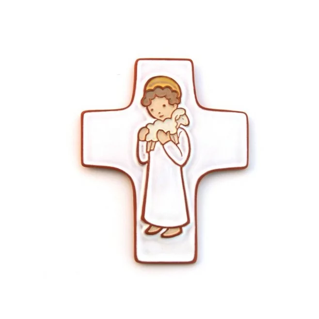 cadeau de baptême : croix céramique "agneau de Dieu" blanc