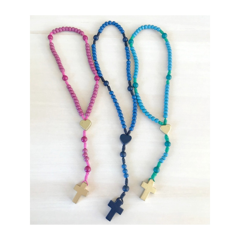 Chapelet pour enfant en bois, turquoise et doré