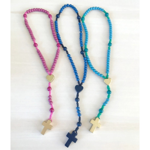 Chapelet pour enfant en bois, turquoise et doré