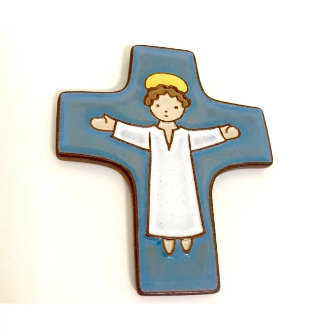 Croix céramique "Christ bras ouverts" bleu foncé