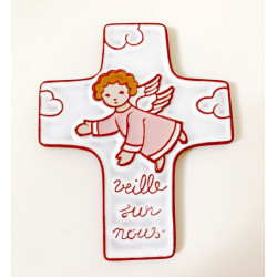 Croix "Ange gardien" rose en céramique artisanale