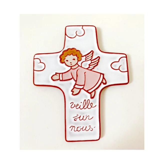 Croix "Ange gardien" rose en céramique artisanale