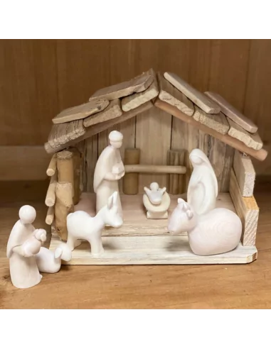 Crèche de Noël en bois naturel - Nativité + Berger et animaux
