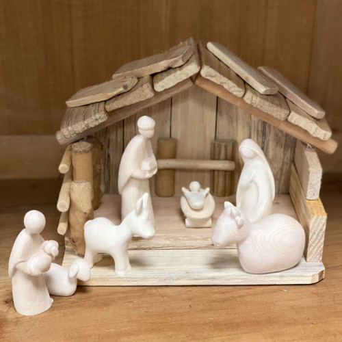 Crèche de Noël en bois naturel - Nativité + Berger et animaux