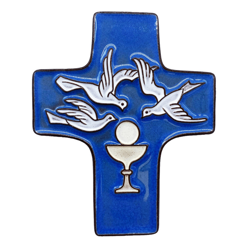 Cadeau pour communion Croix céramique bleu foncé