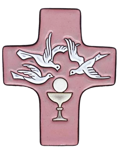 Cadeau pour communion Croix céramique rose