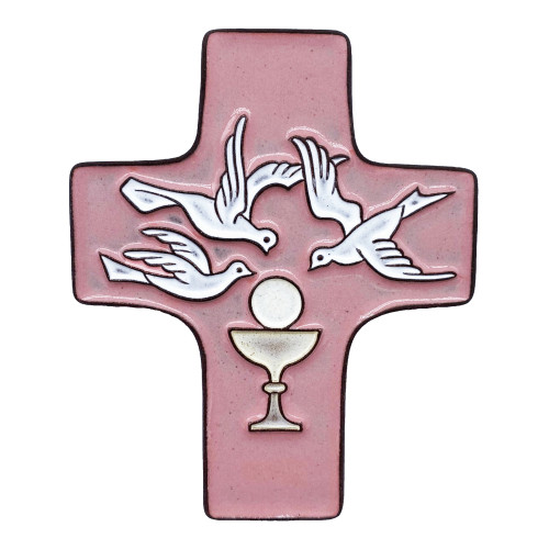 Cadeau pour communion Croix céramique rose