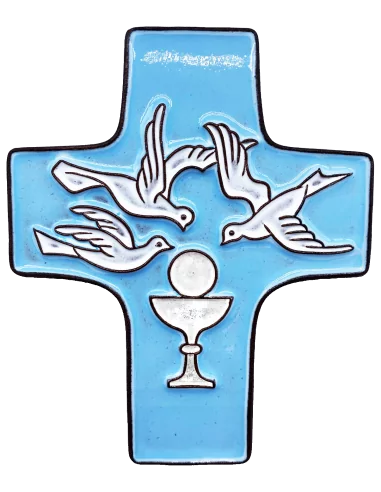 Cadeau pour communion Croix céramique bleu ciel