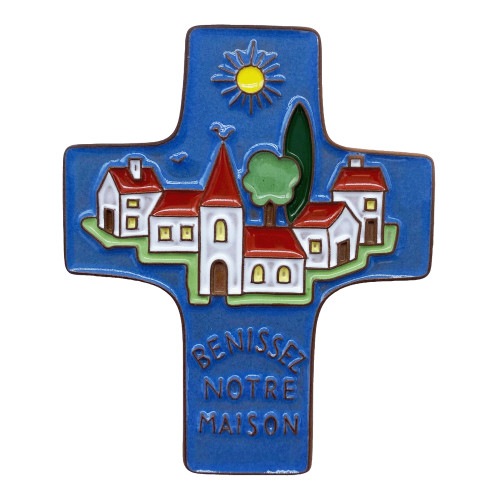 Croix céramique "Bénissez Notre Maison" bleu foncé