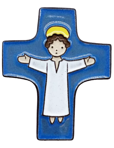 Croix céramique "Christ bras ouverts" bleu foncé