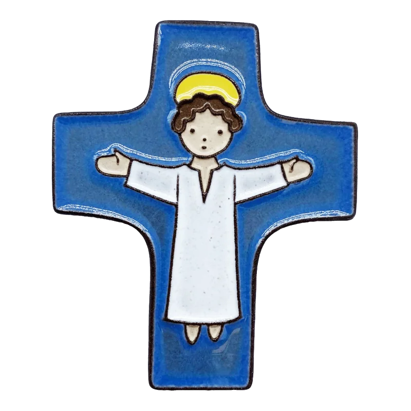 Croix céramique "Christ bras ouverts" bleu foncé