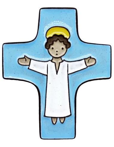 Croix céramique "Christ bras ouverts" bleu ciel