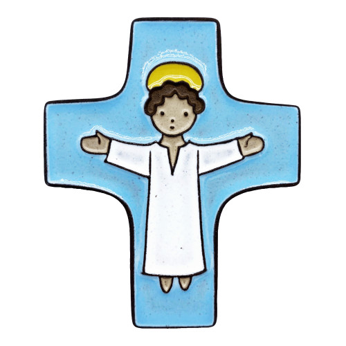 Croix céramique "Christ bras ouverts" bleu ciel