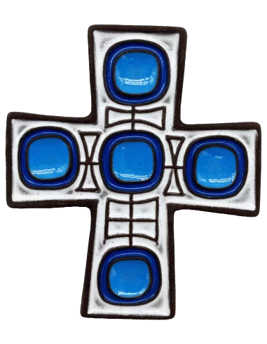 Cadeau Baptême original - croix céramique blanche et bleue