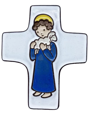 Croix céramique "garçon et agneau de Dieu"