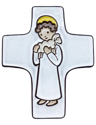 cadeau pour un baptême : croix céramique "agneau de Dieu" blanc