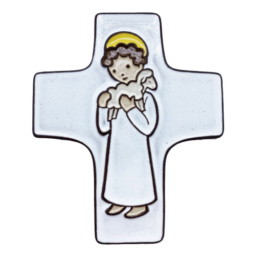 cadeau pour un baptême : croix céramique "agneau de Dieu" blanc