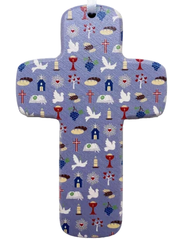 Croix bois " Symboles religieux" - bleu.