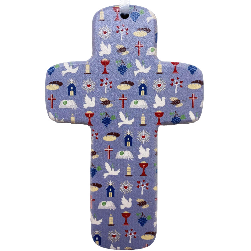 Croix bois " Symboles religieux" - bleu.