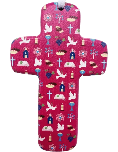 Croix bois " Symboles religieux" - rose.