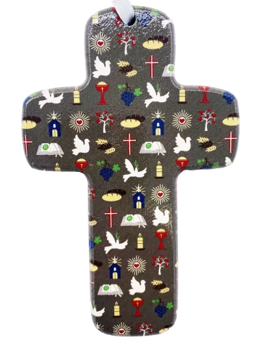 Croix bois " Symboles religieux" - Taupe