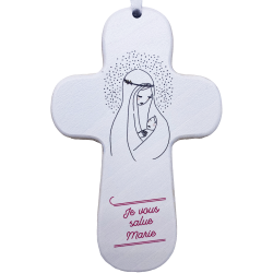 Croix "au fil de la plume" Vierge à l'enfant - rose