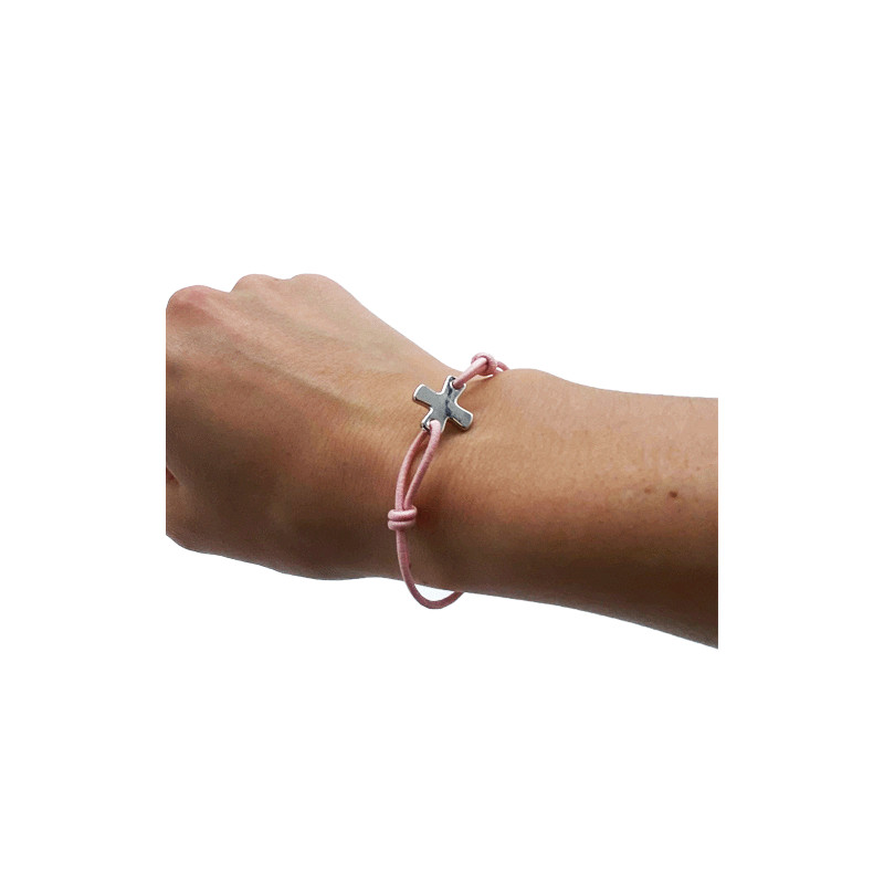Bracelet élastique rose avec croix