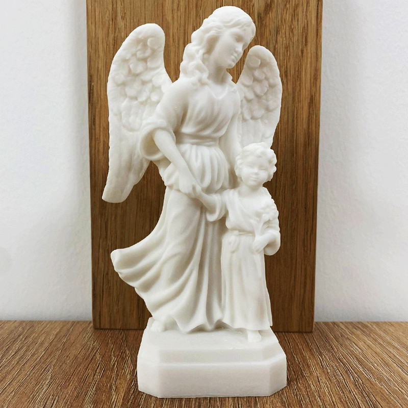 Statue albâtre - 14 cm - Ange gardien fille