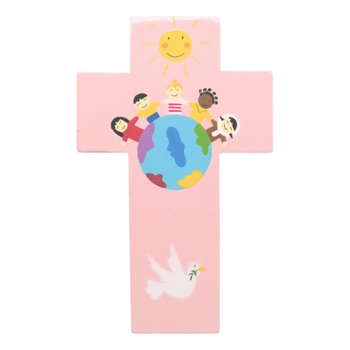 Cadeau de baptême : Petite croix Enfants du monde rose