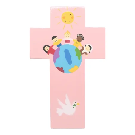 Cadeau de baptême : Petite croix Enfants du monde rose
