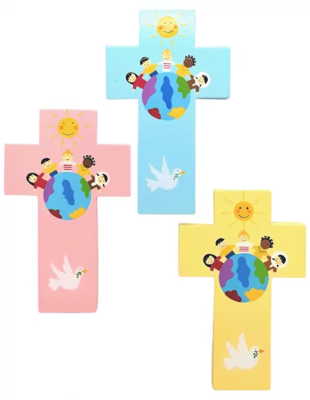 Cadeau de baptême : Petite croix Enfants du monde rose