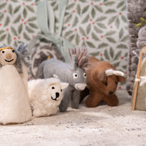 Figurines de crèche en feutre - Âne, bœuf et mouton