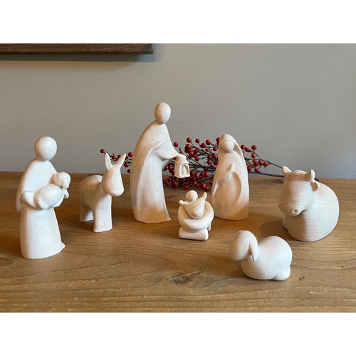 Crèche de Noël en bois naturel - Nativité + Berger et animaux